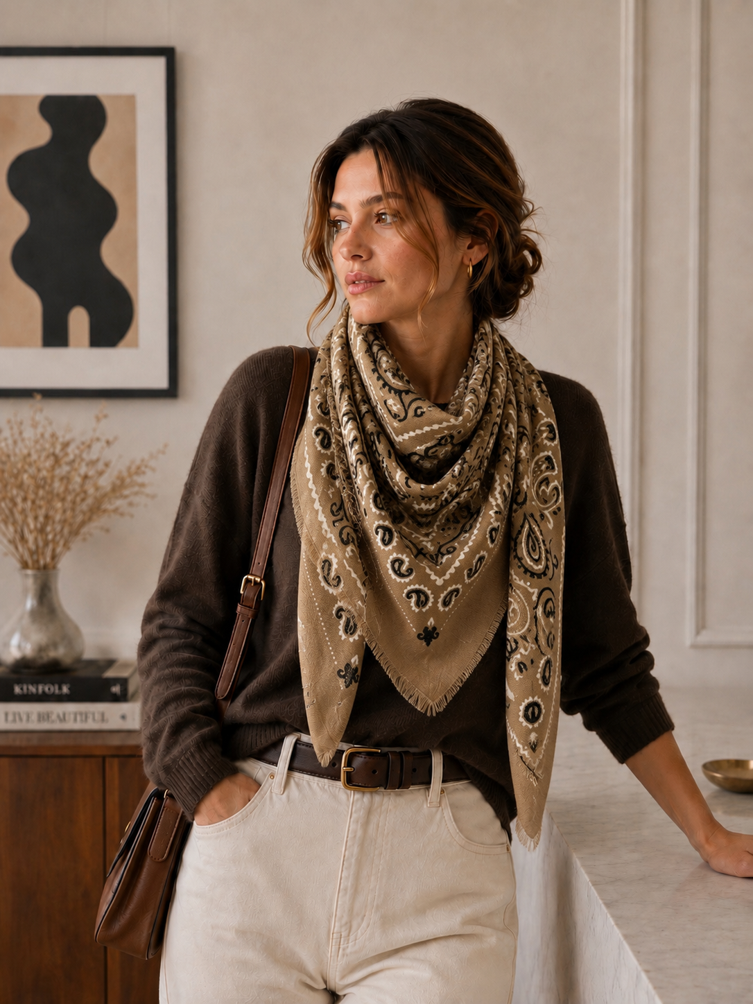 A woman wearing a brown knit sweater, cream trousers, and a beige paisley bandana scarf with black details, standing in a neutral-toned indoor setting.