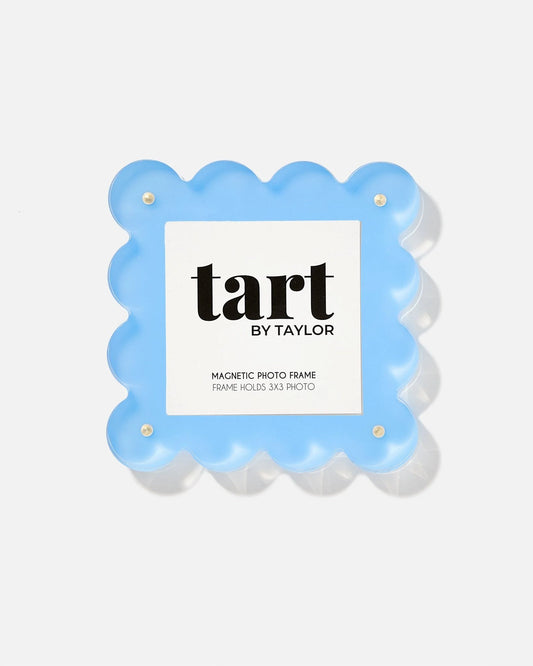 Blue magnetic photo frame with 'tart by Taylor' branding on a white background