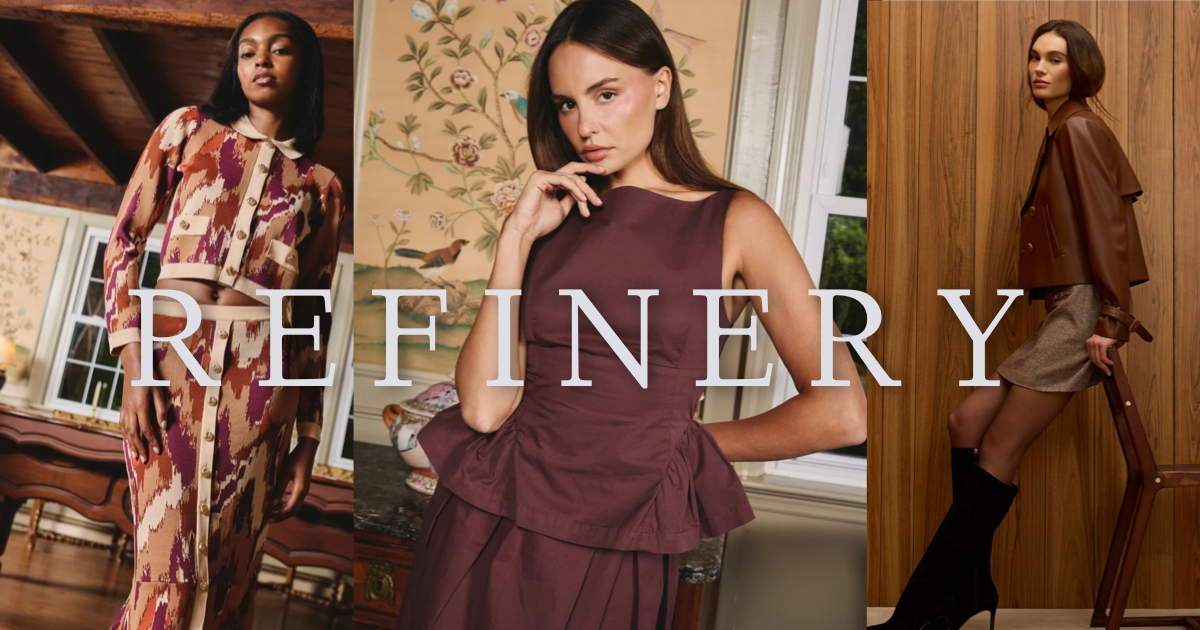 A three-panel editorial collage featuring models in elegant indoor settings, wearing outfits from the brand REFINERY. The center panel shows a woman in a sleeveless deep plum peplum dress, with the brand name 'REFINERY' in large white text overlaid across the middle.