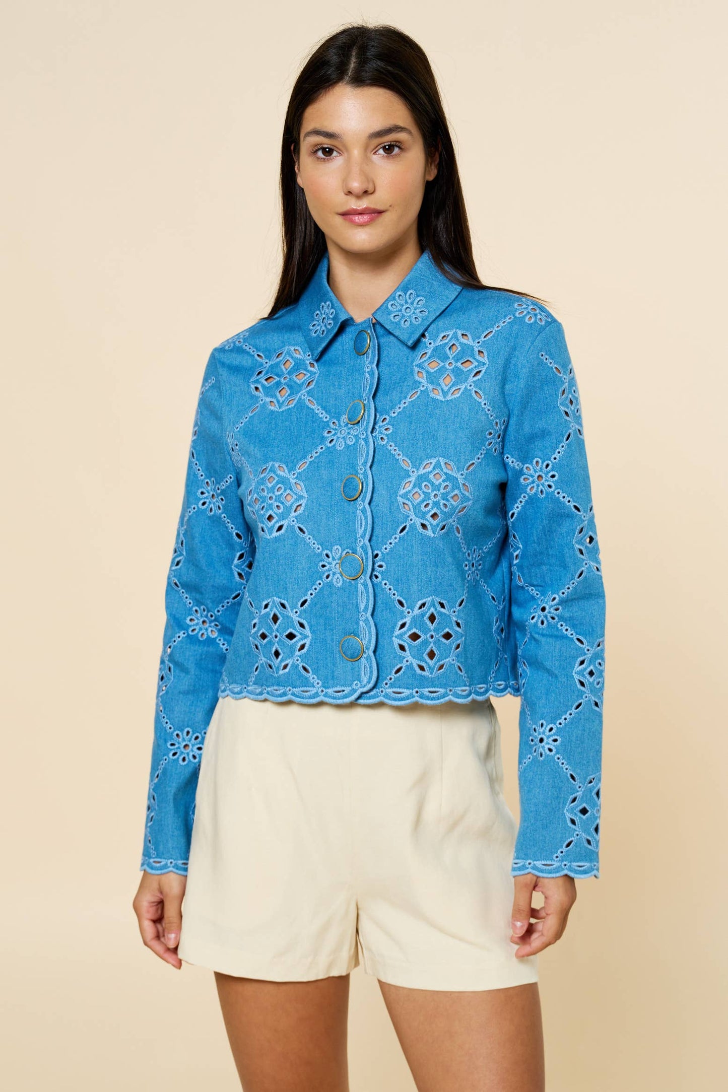 Embroidered Scalloped Button Up Jacket-L