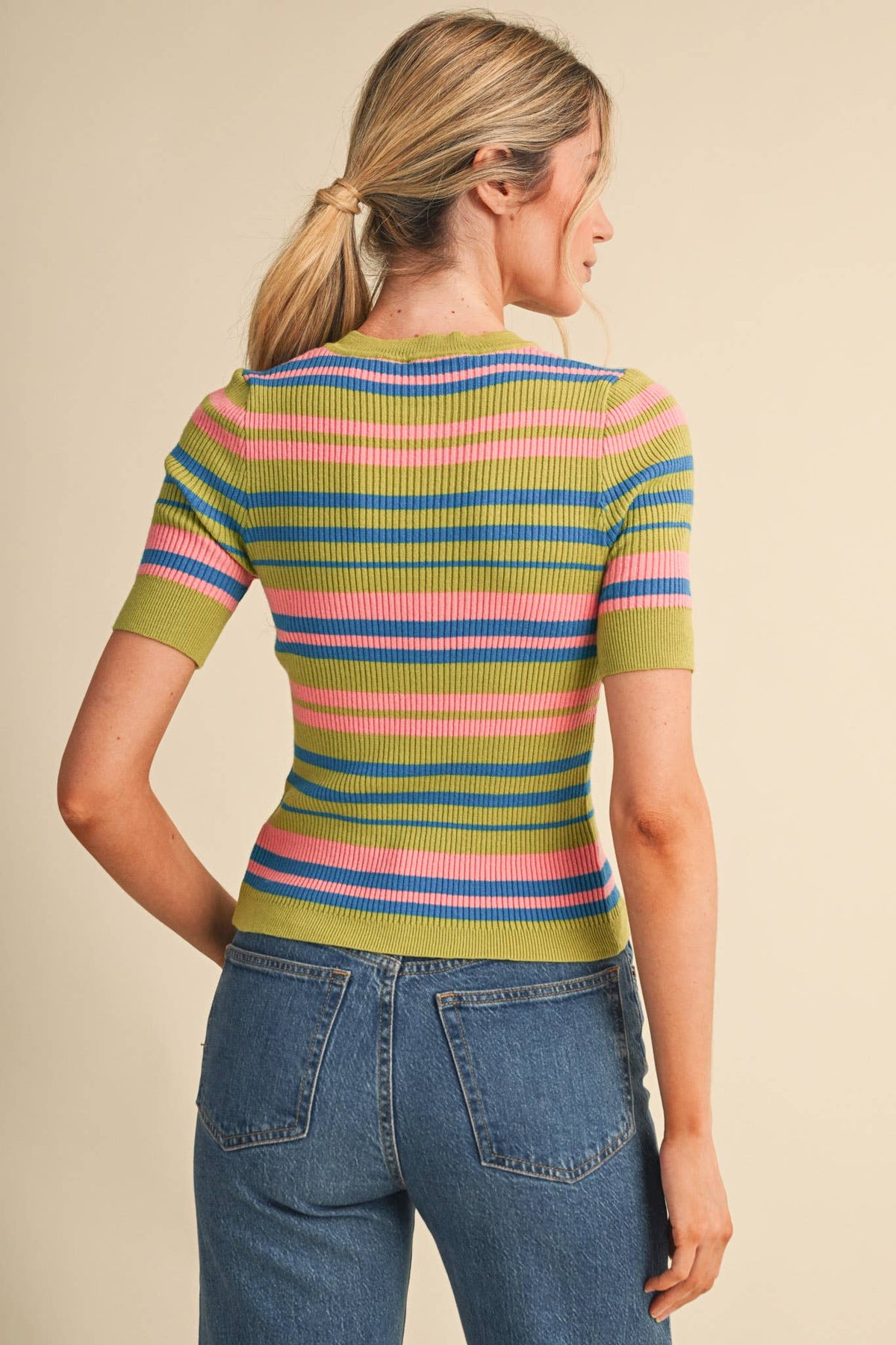 Ribbed Short Sleeve Striped Sweater