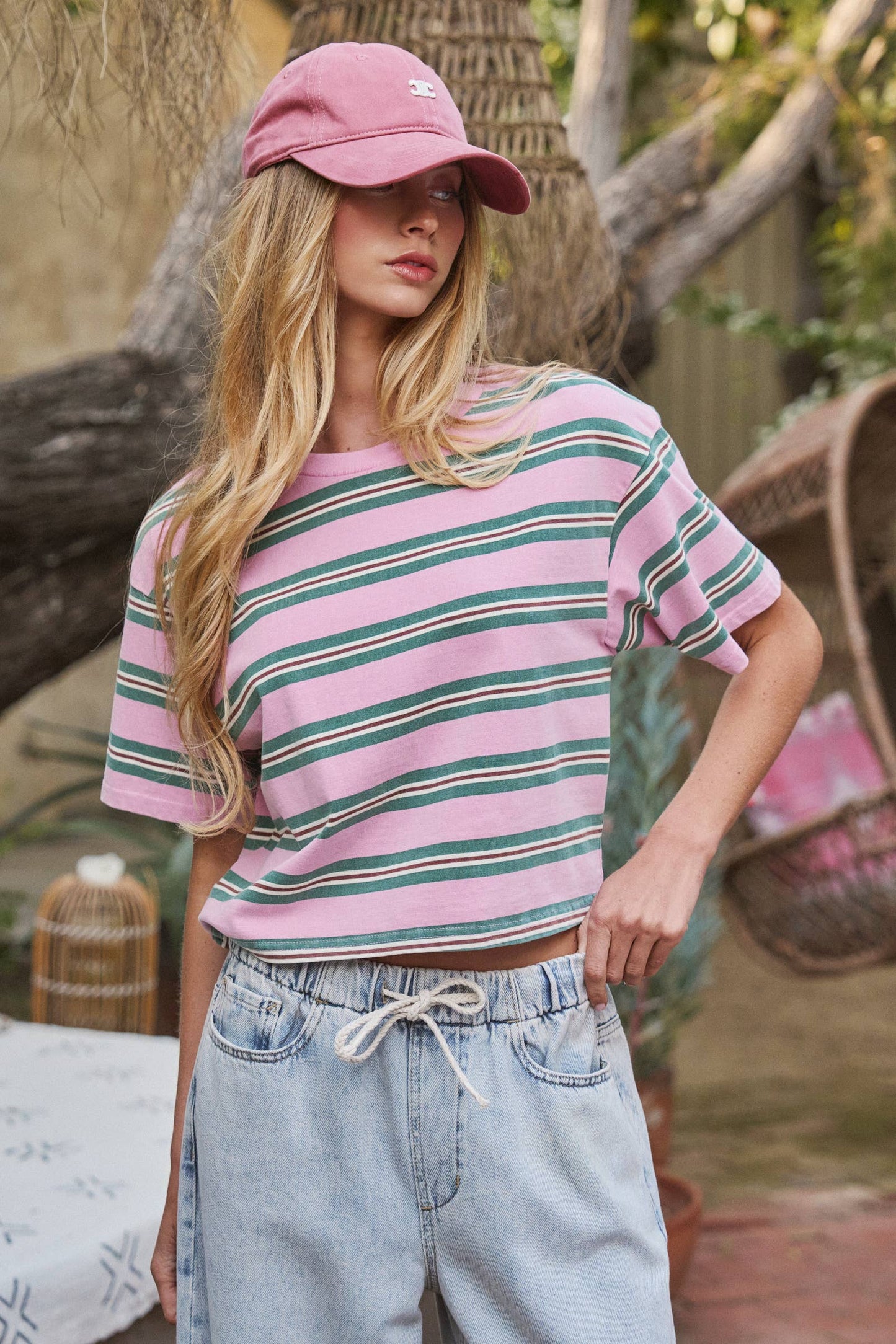 Vintage Washed Striped Cotton Crop Tee