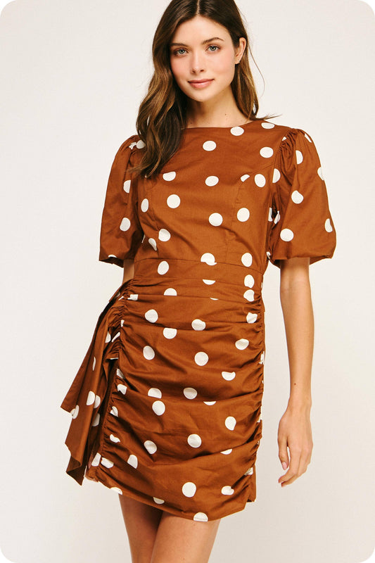 Ruched Short Puff Sleeve Polka Dot Voile Mini Dress