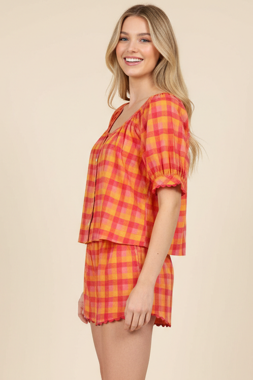 Plaid Short Sleeve Blouse
