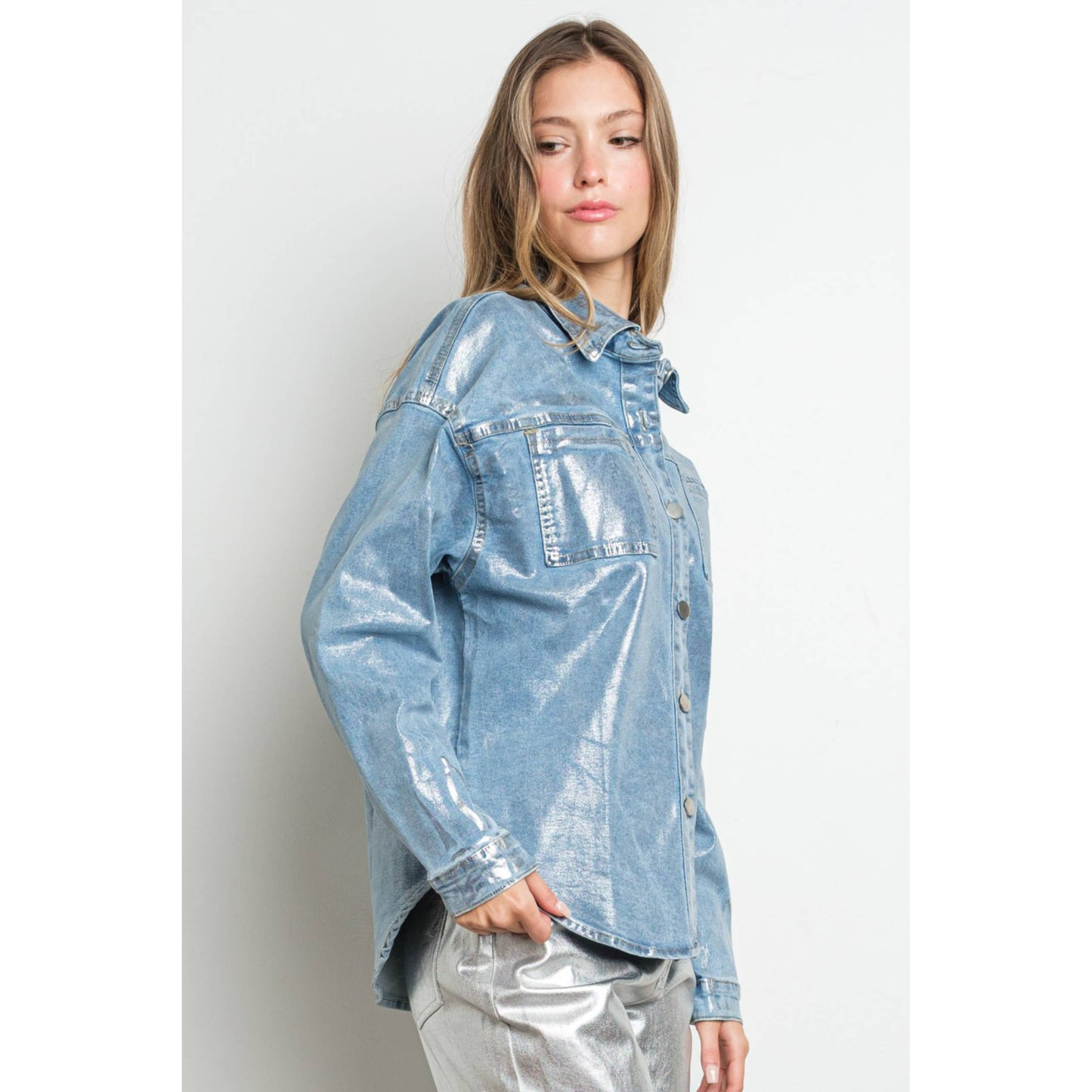 Metallic Foil Button Up Long Sleeve Denim Shirt