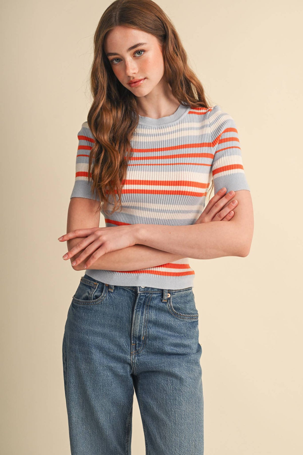 Ribbed Short Sleeve Striped Sweater