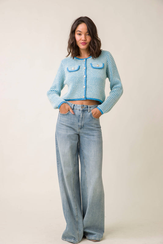 Blue bouncy knit button cardigan