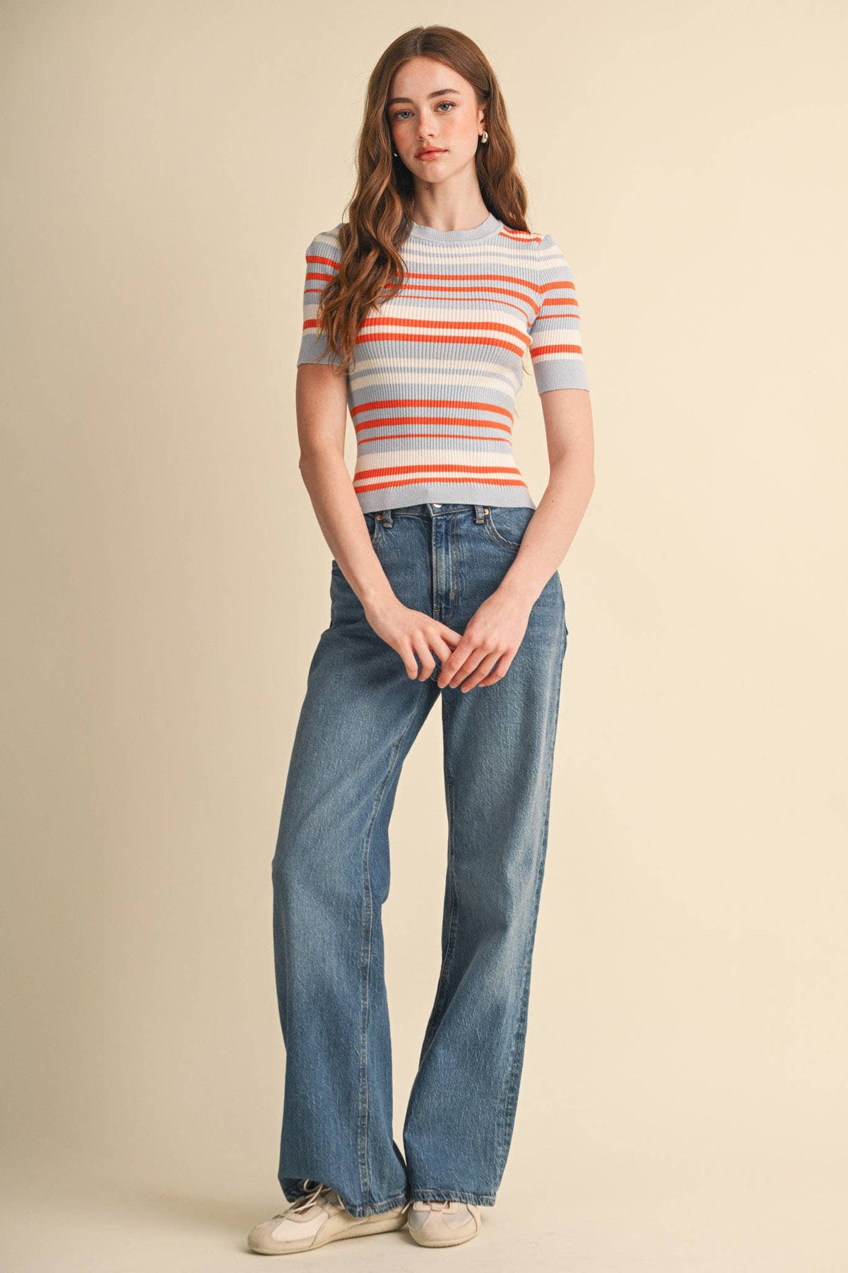 Ribbed Short Sleeve Striped Sweater