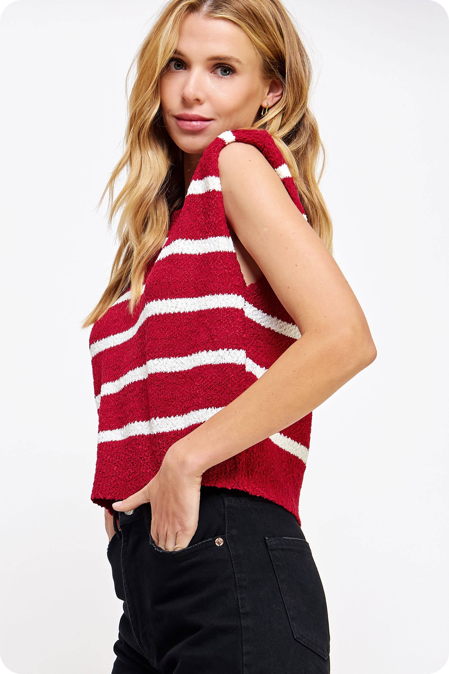 Shoulder Pad Sleeveless Textured Striped Knit Top