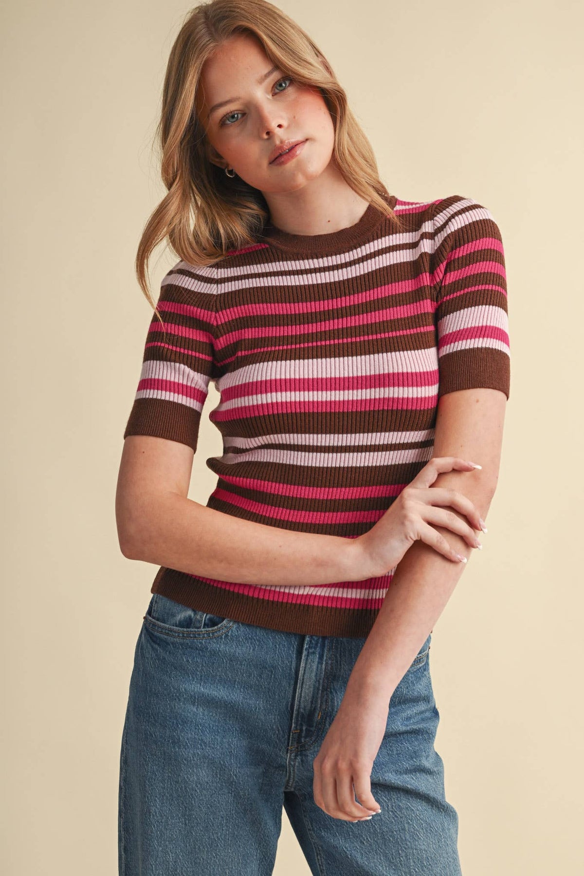 Ribbed Short Sleeve Striped Sweater