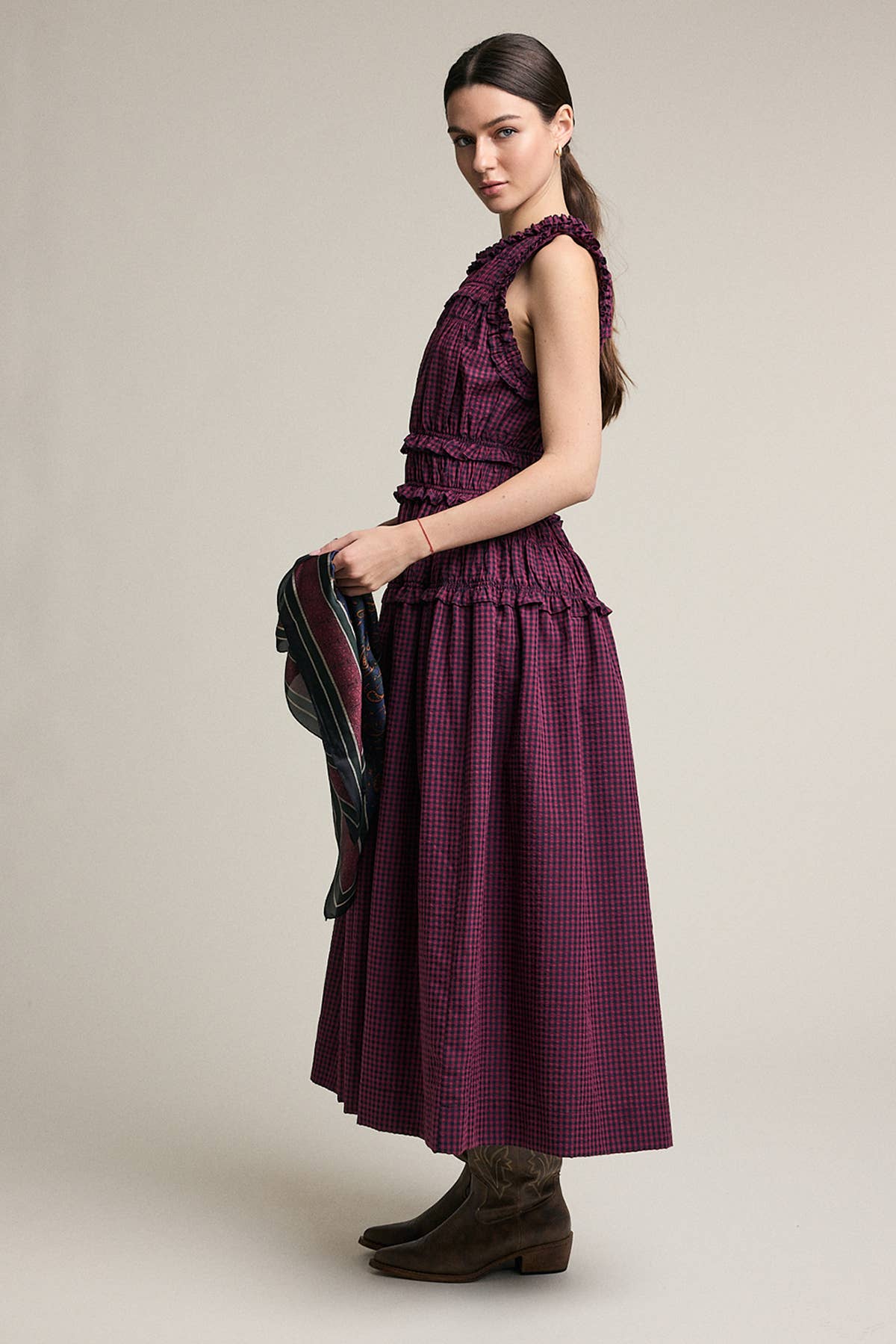 Smocked Ruffle Plaid Maxi Dress