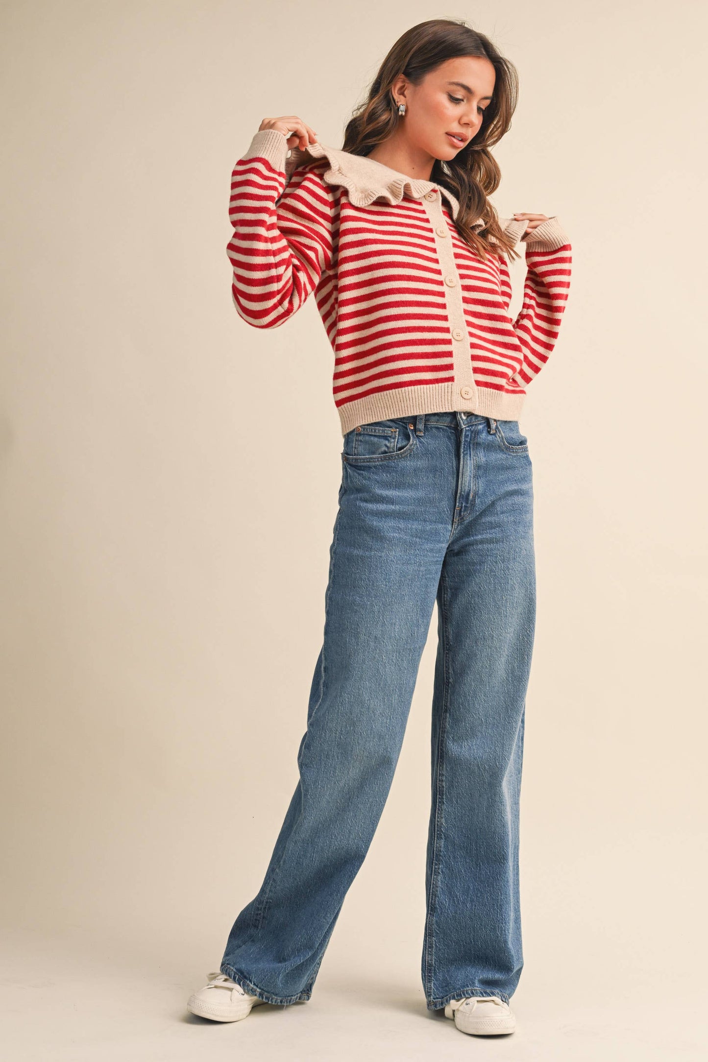 Ruffle Collar Stripe Cardigan