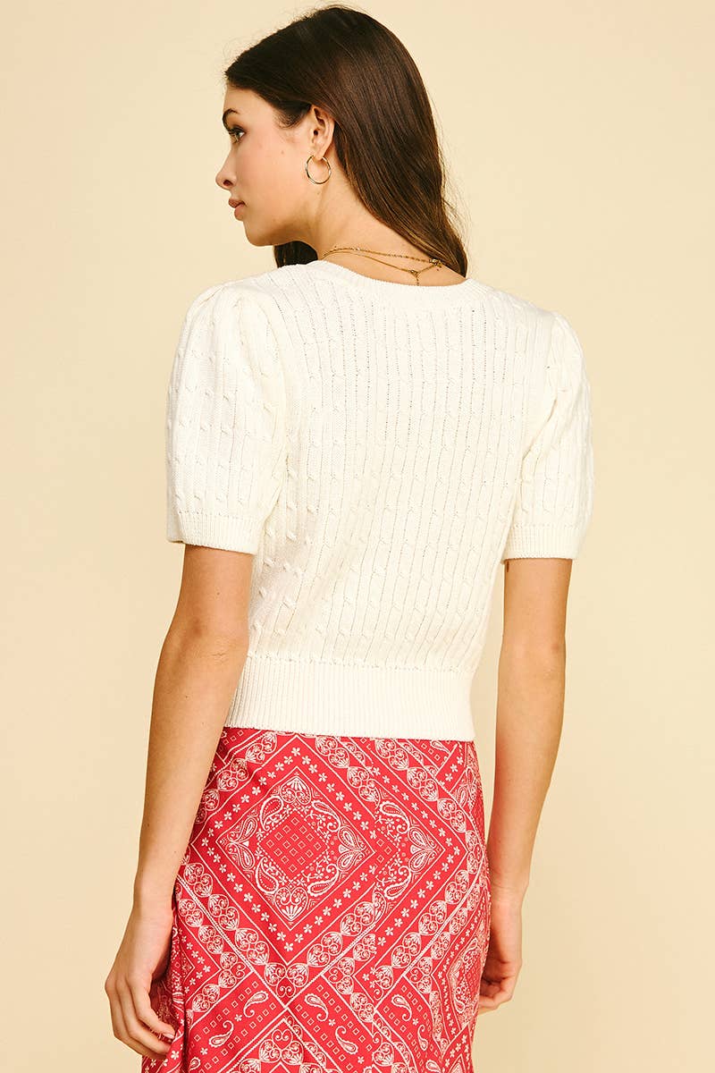 CABLE KNIT SHORT SLEEVE CARDIGAN