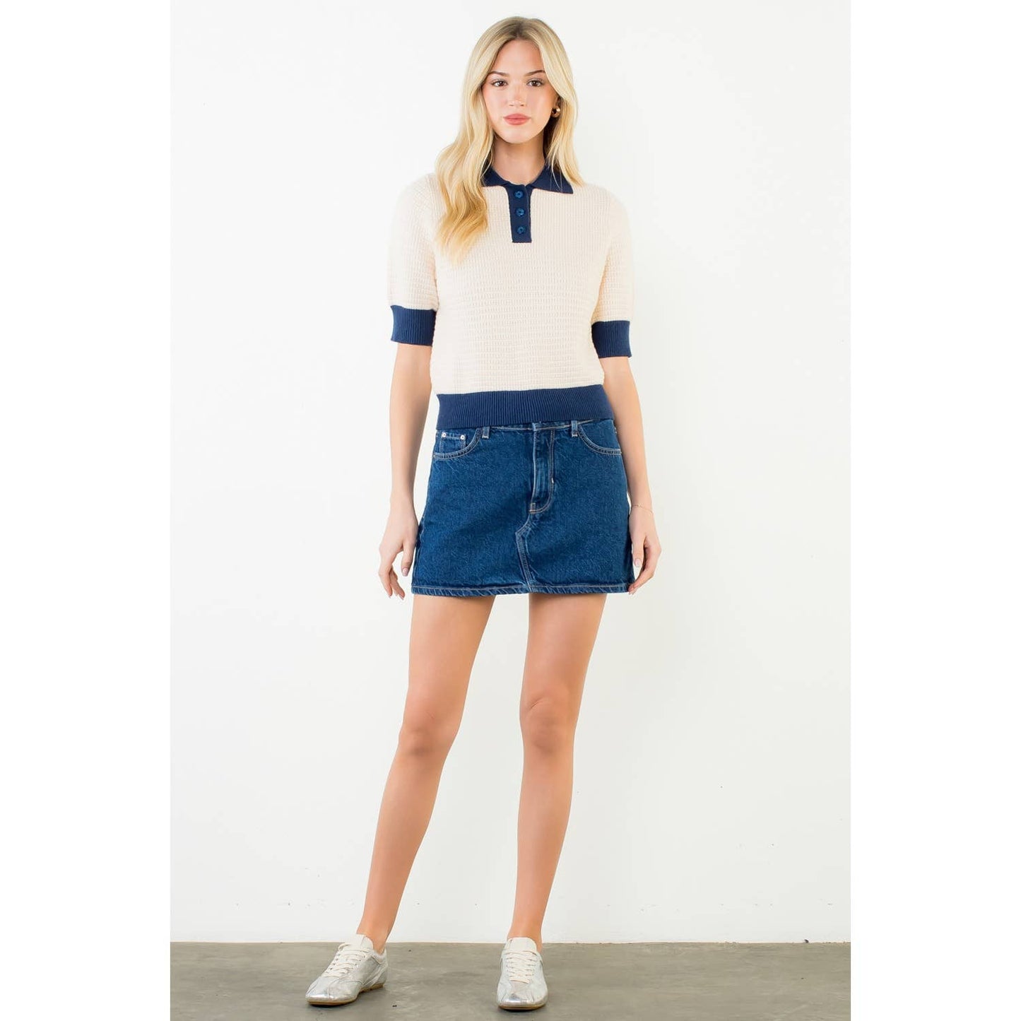Short Sleeve Waffle Knit Polo Top
