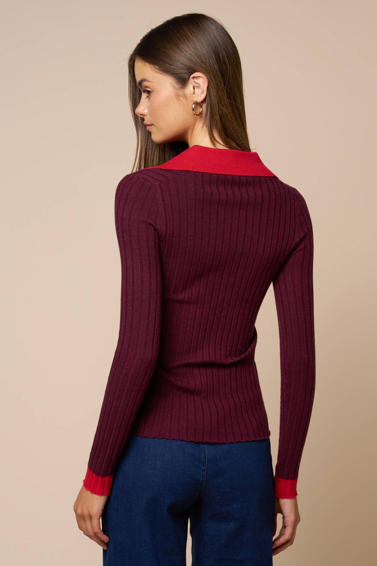 Contrast Collar Ribbed Knit Sweater