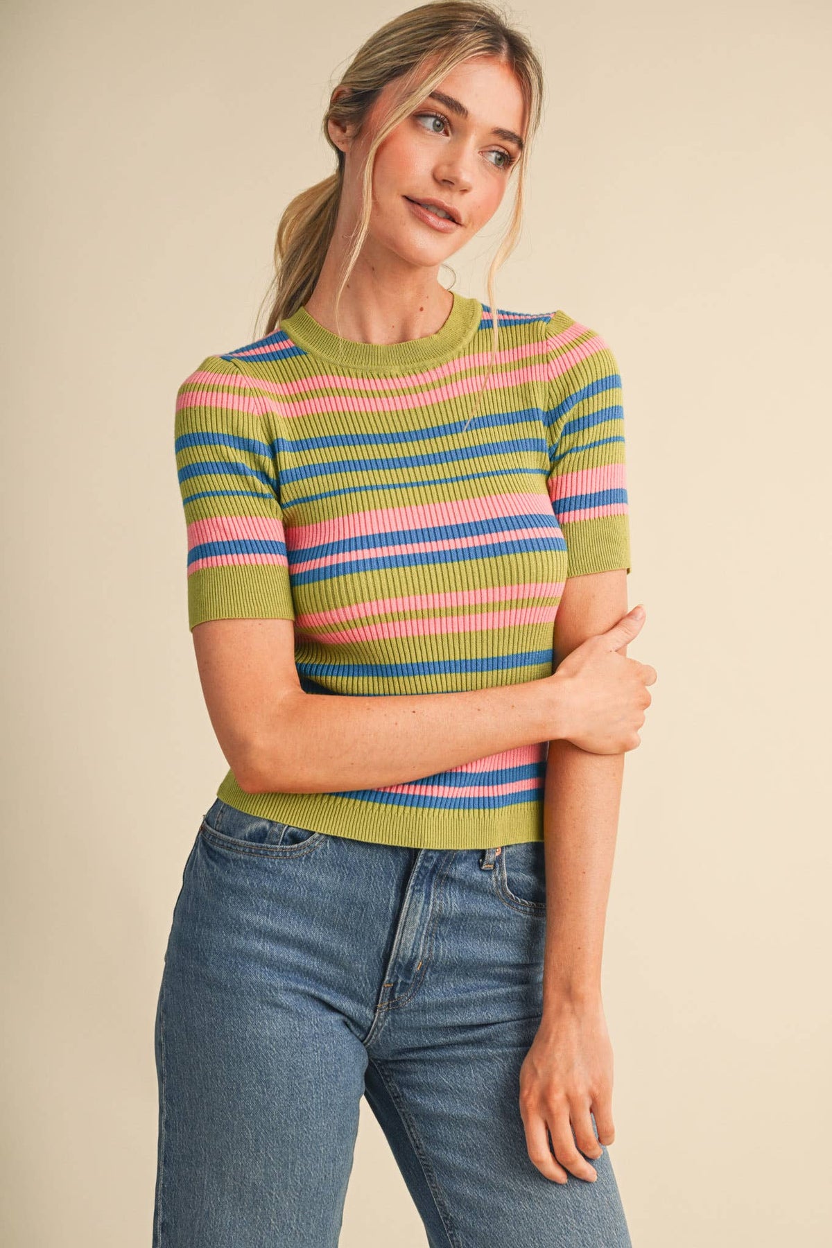 Ribbed Short Sleeve Striped Sweater
