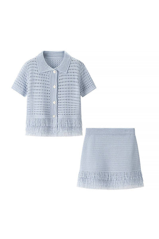 Fringe-Trimmed Skirt Set with Button Top