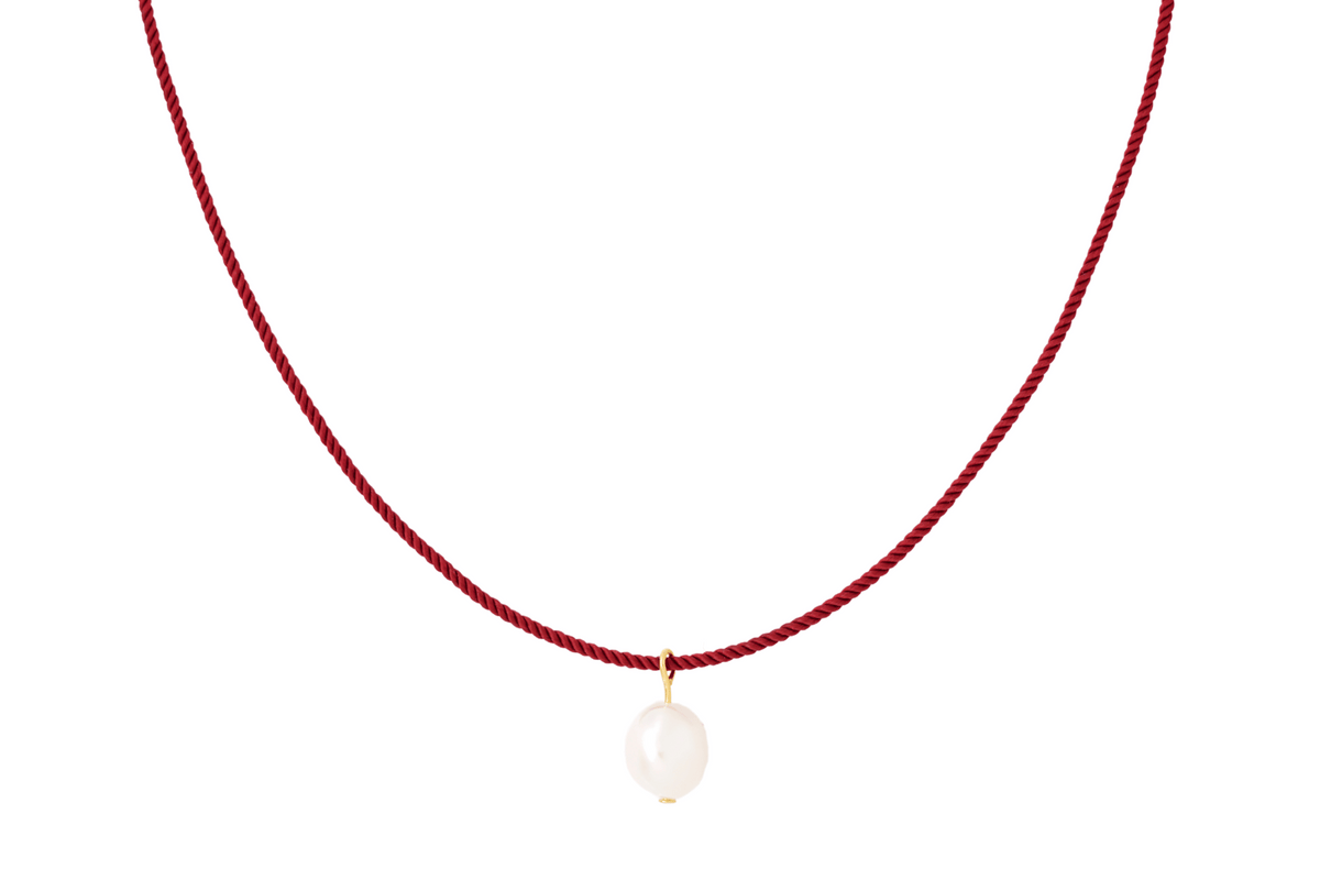 Pearl + red cord necklace