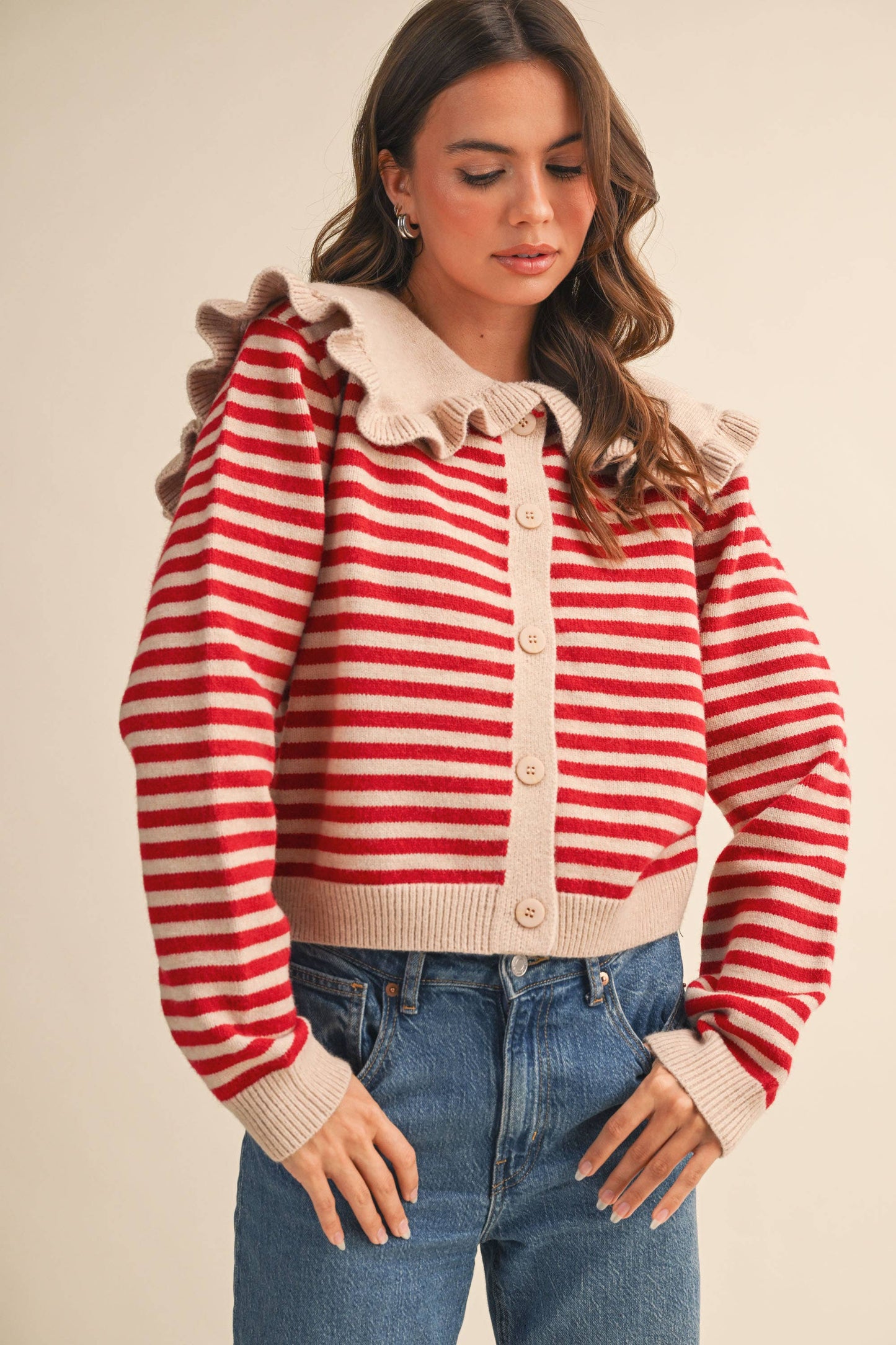 Ruffle Collar Stripe Cardigan