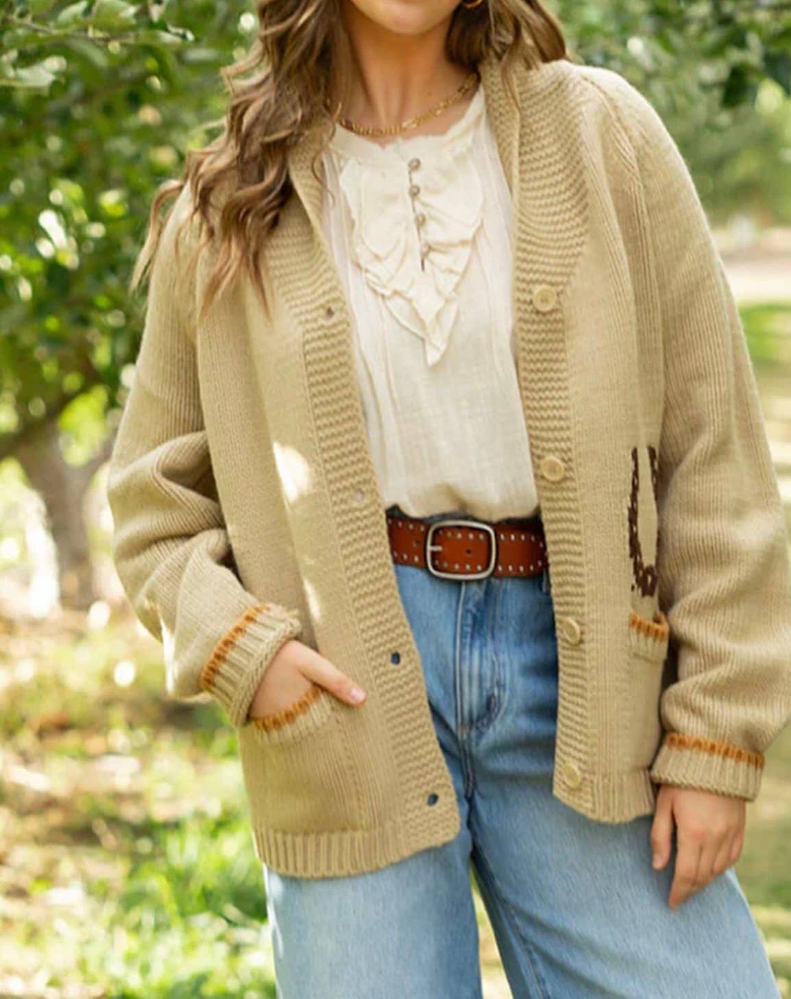 Varsity Chunky Horse Cardigan-Camel