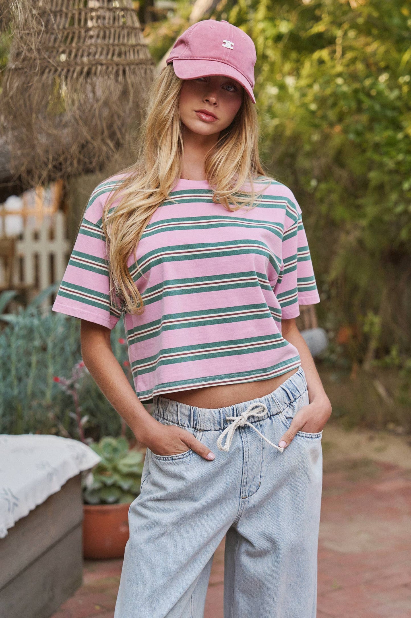 Vintage Washed Striped Cotton Crop Tee