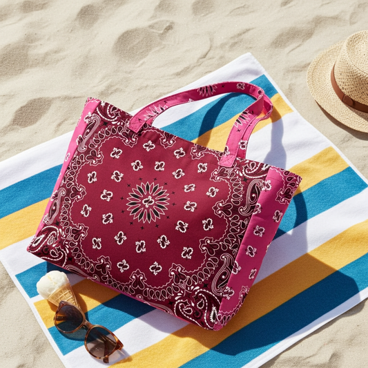 Bandana Print Canvas Tote - Bailey Burgundy/Pink