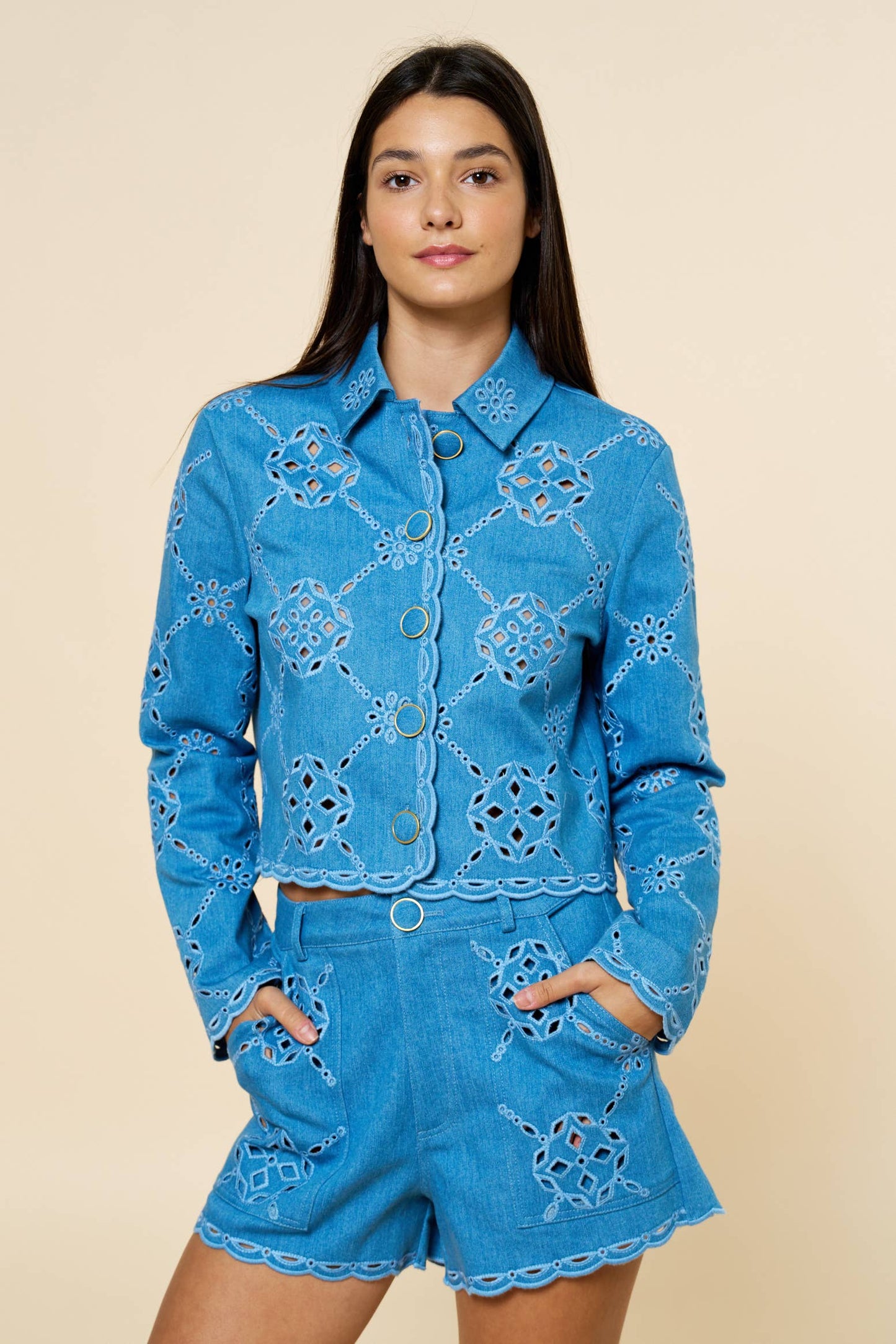 Embroidered Scalloped Button Up Jacket-L