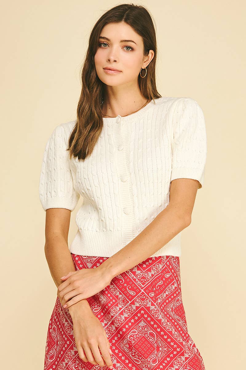 CABLE KNIT SHORT SLEEVE CARDIGAN