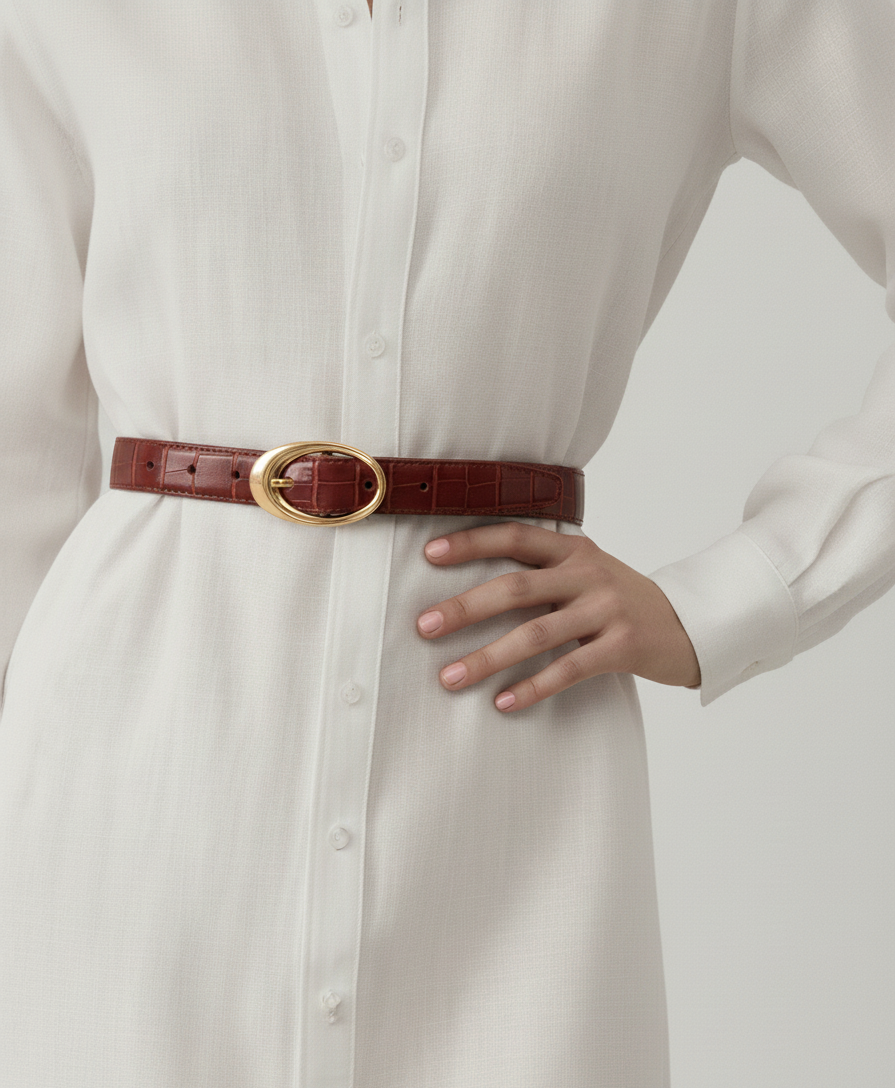 Croco Clean Stitched Belt with Oval Buckle