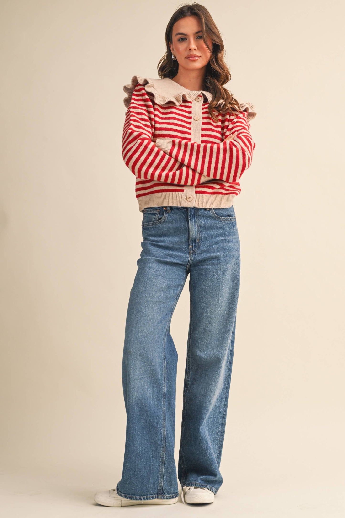 Ruffle Collar Stripe Cardigan