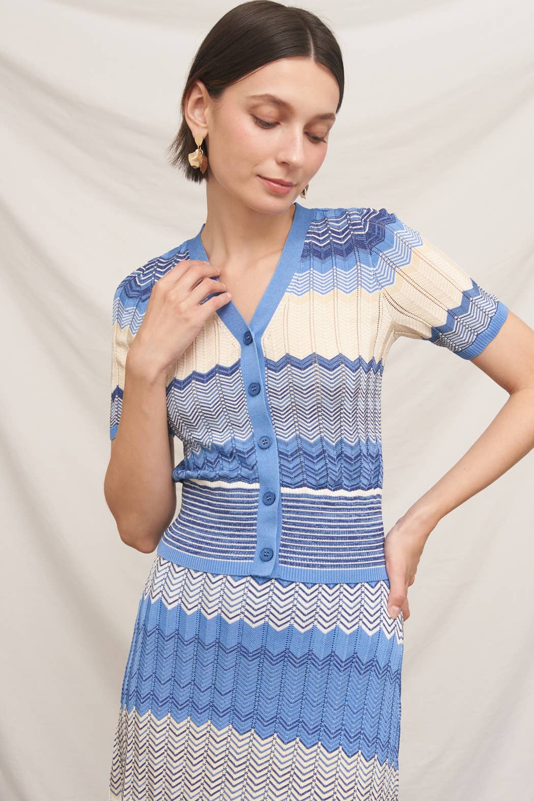 Chevron Pointelle Knit Button Down Short Sleeve Top