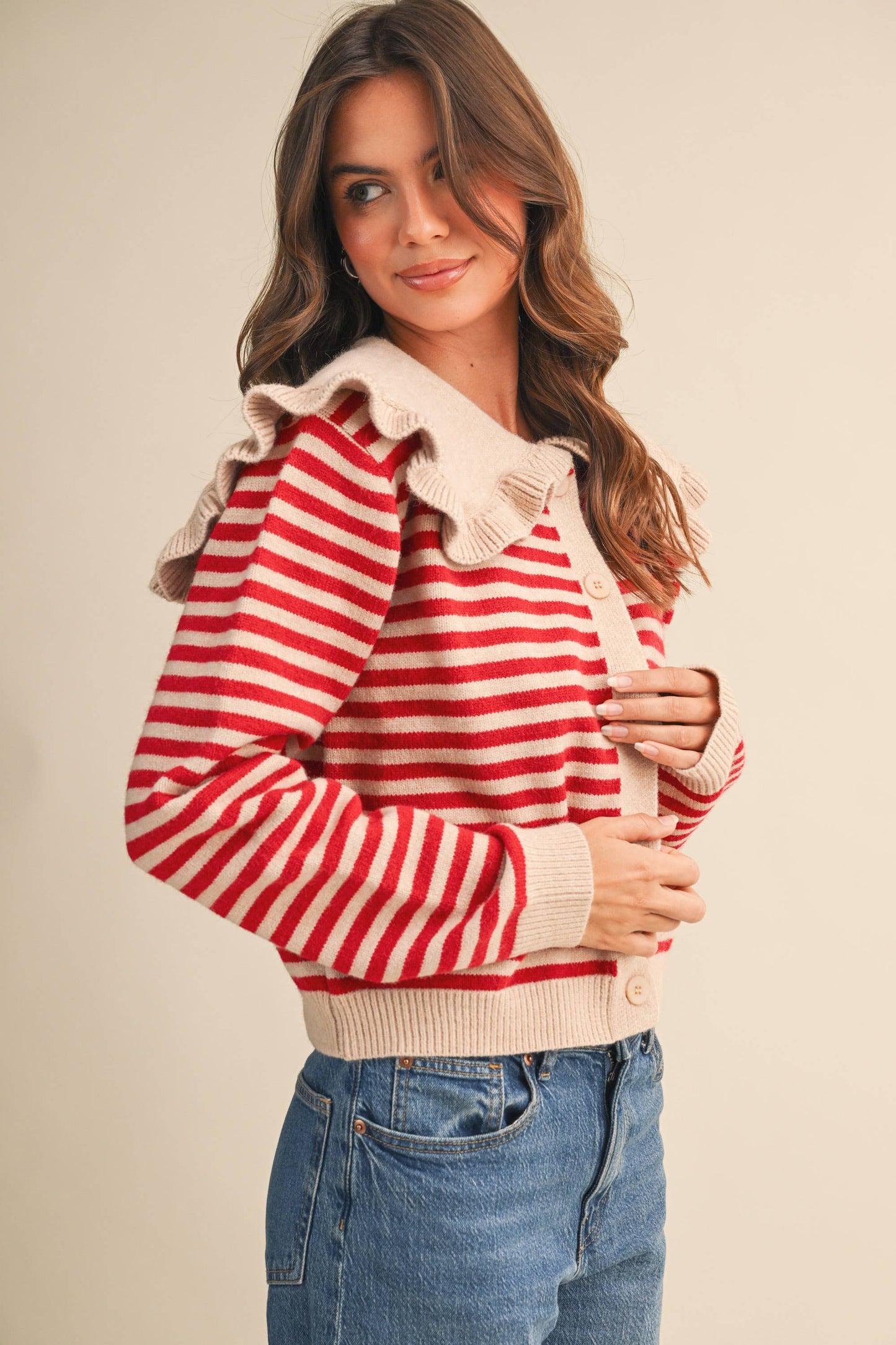 Ruffle Collar Stripe Cardigan