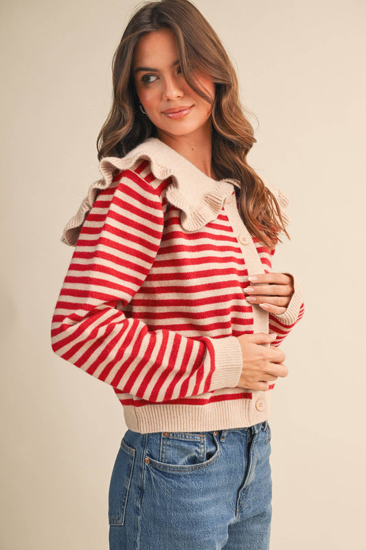 Ruffle Collar Stripe Cardigan