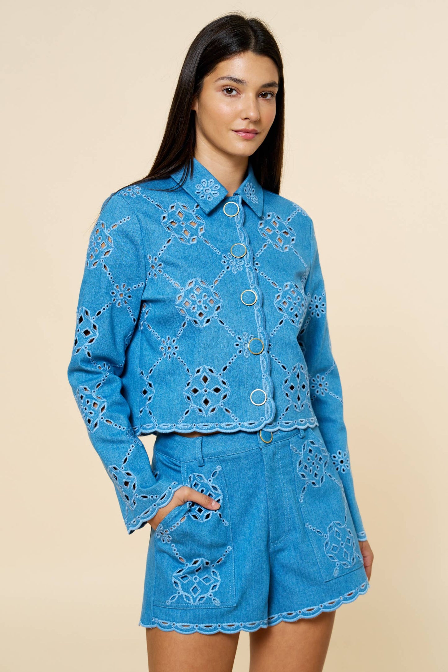 Embroidered Scalloped Button Up Jacket-L