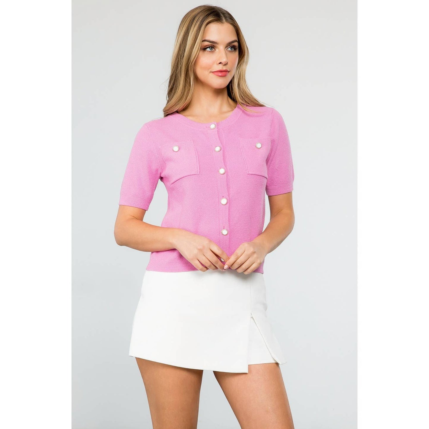Short Sleeve Button Up Knitted Top