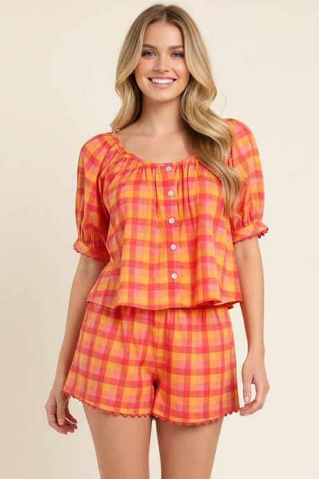 Plaid Short Sleeve Blouse
