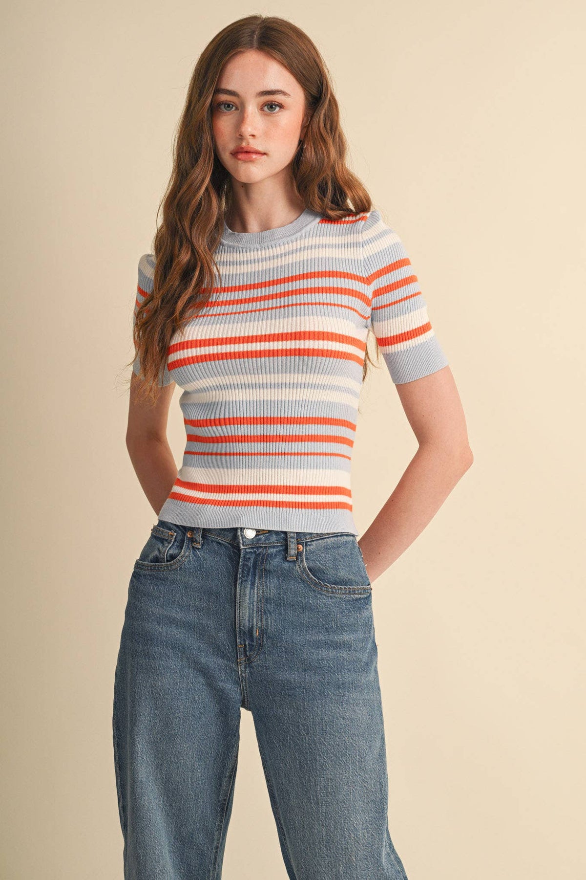 Ribbed Short Sleeve Striped Sweater