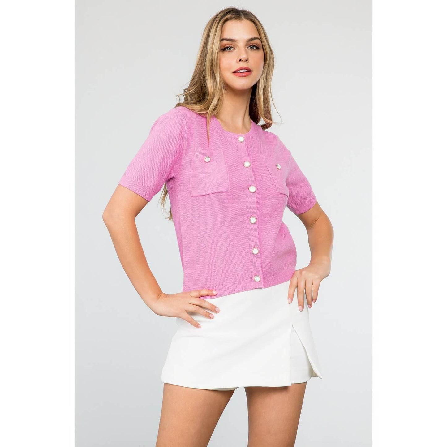 Short Sleeve Button Up Knitted Top