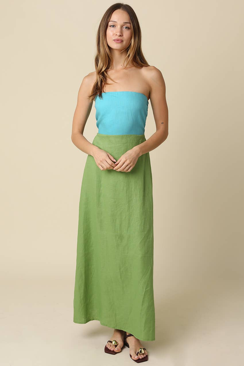 Contrast Strapless Linen Maxi Dress