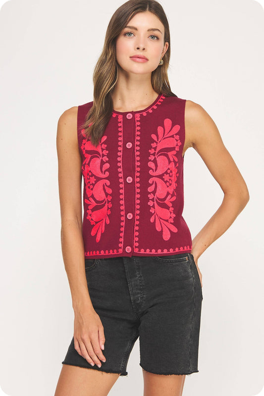 Embroidered Sleeveless Knitted Vest Top