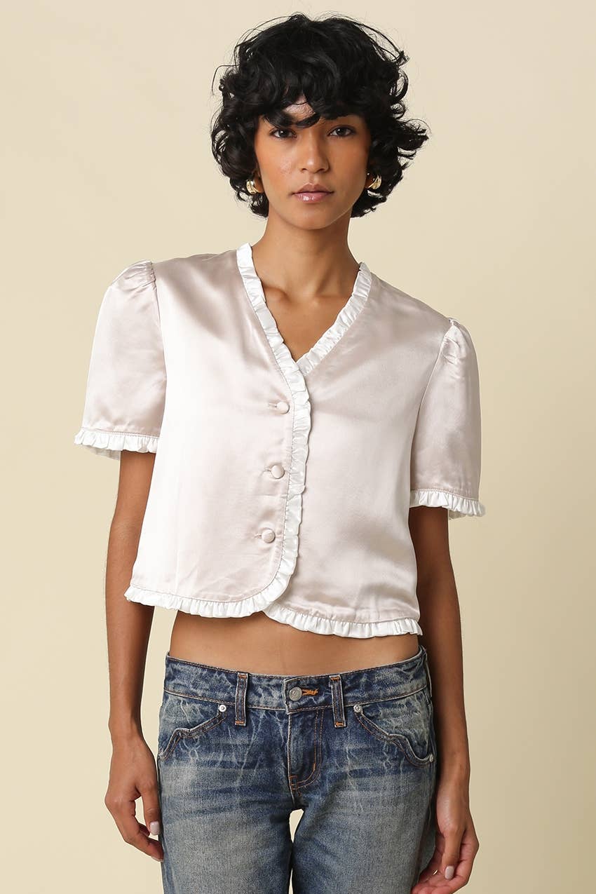 Etta Satin Ruffle Trim Blouse