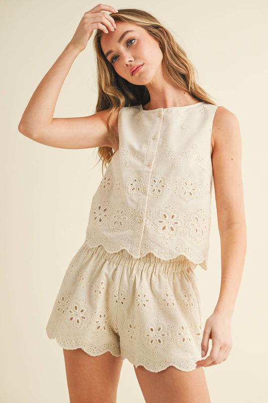 Floral Eyelet Scalloped Hem Crop Top