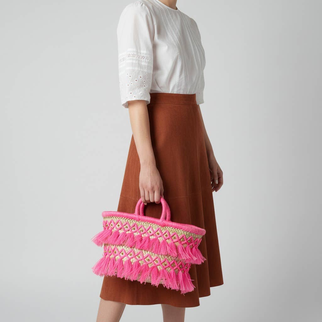 Handwoven Straw Tassel Tote