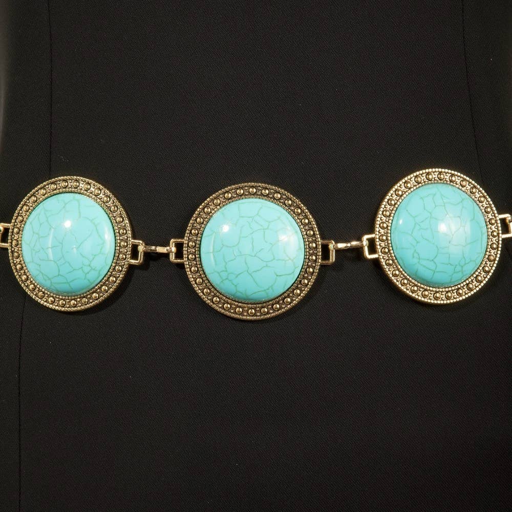 Large Western Concho Round Turquoise Stone Chain Belt