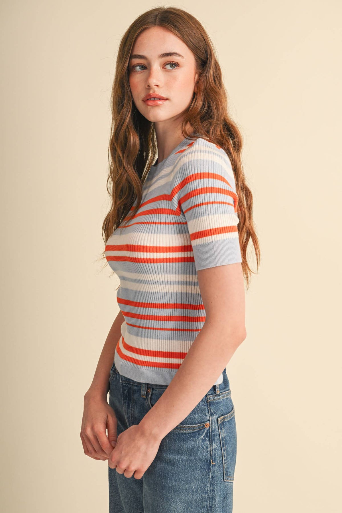 Ribbed Short Sleeve Striped Sweater