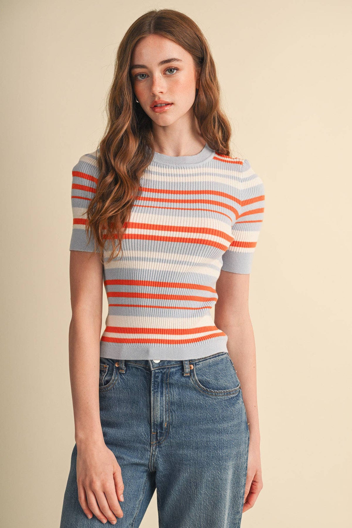 Ribbed Short Sleeve Striped Sweater