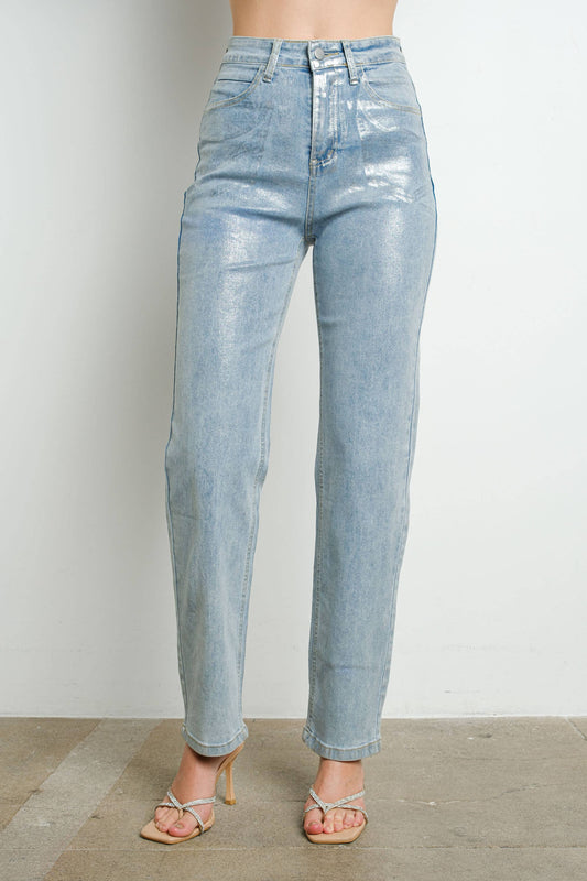 High Rise Metallic Foil Stretch Denim Pants