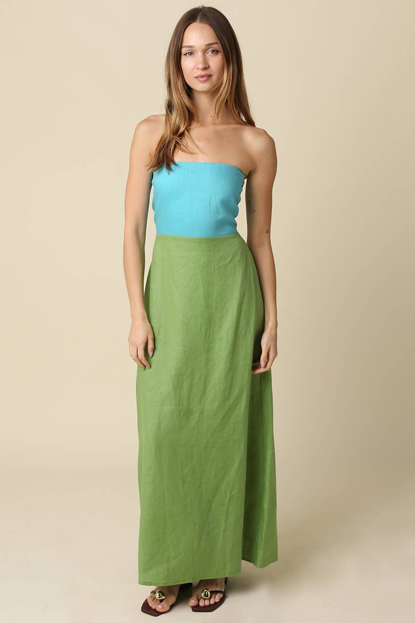 Contrast Strapless Linen Maxi Dress