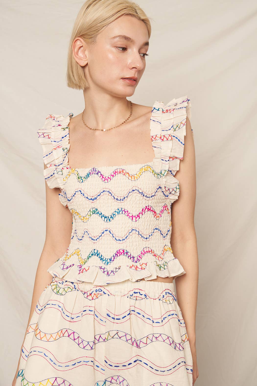 Sleeveless Multicolor Embroidered Smocked Top