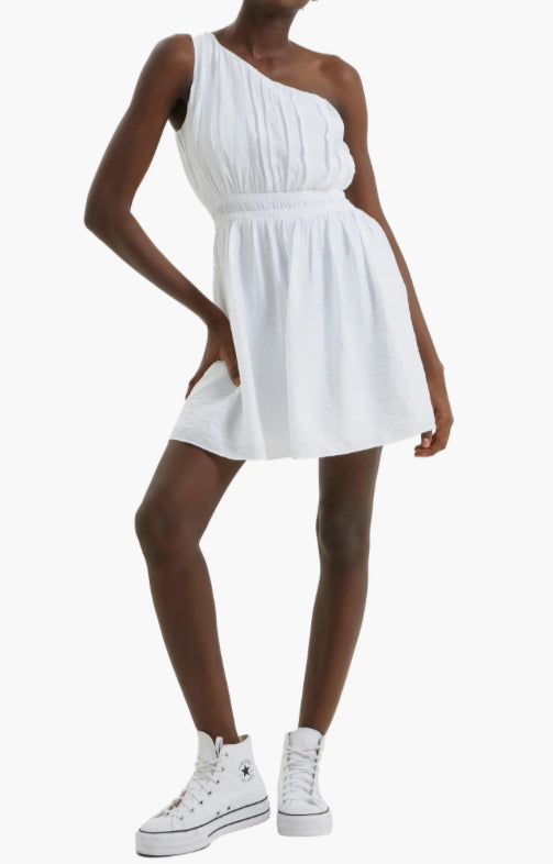 Faron Drape One Shoulder Dress in Linen White